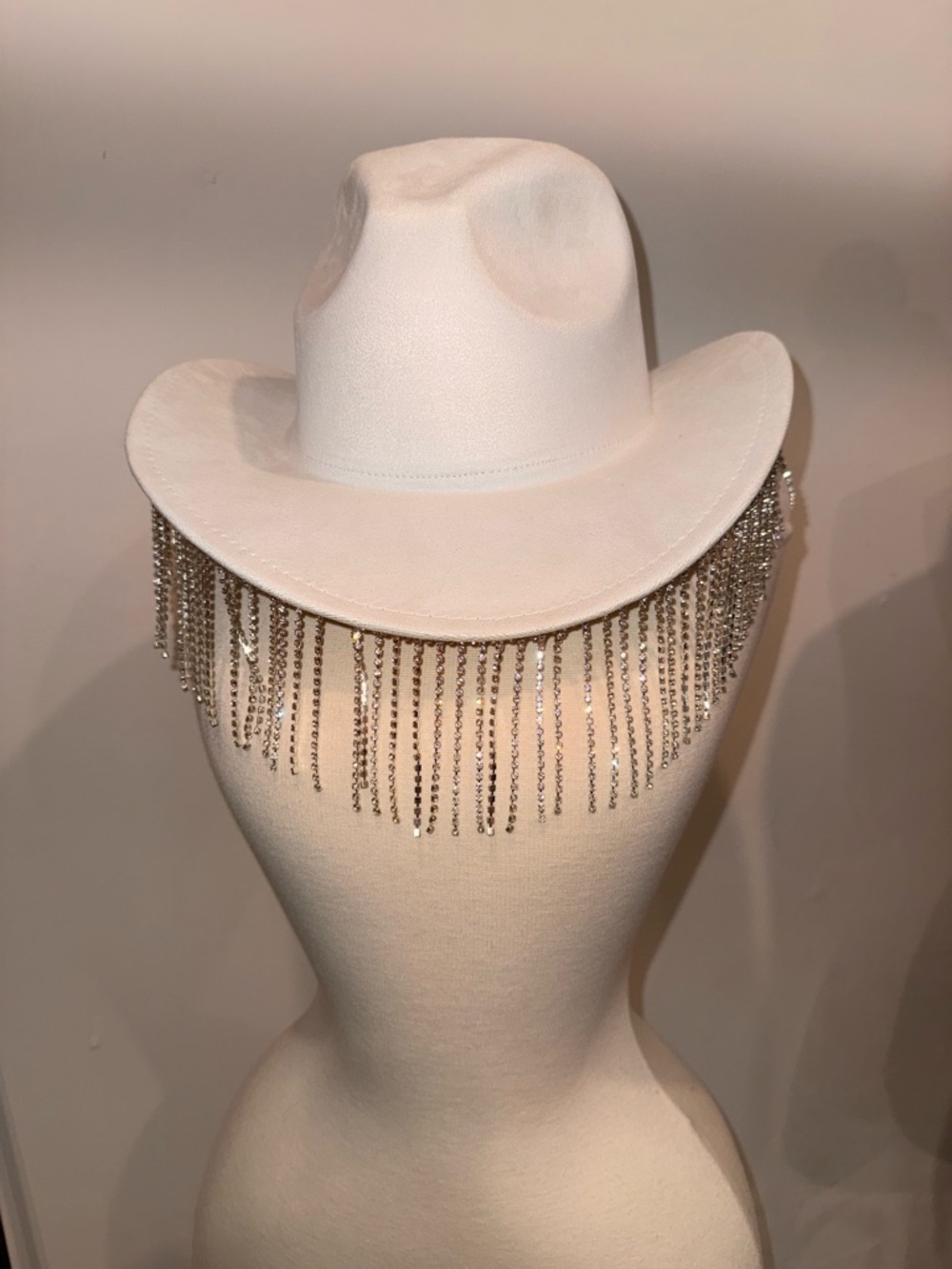 White Western Cowboy Hat with Silver Diamond Chain Tassel Fringe